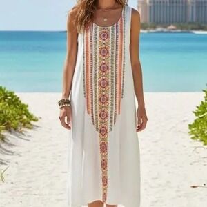 Chico's Embroidered High-Low Dress Women 2=Lg White Boho Summer Festival Beachy